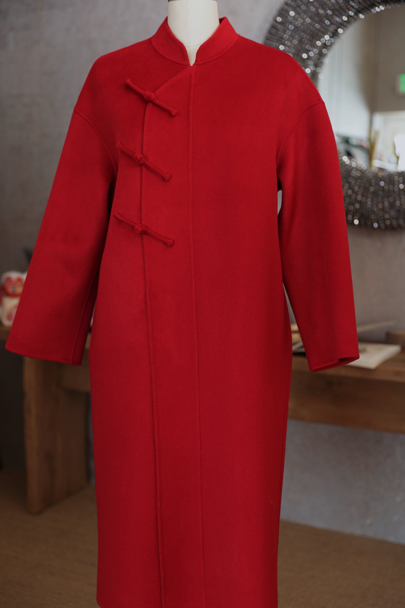 Jinza Oriental Couture Tang Suit Tang Suit Coat | Oversized Red Wool Coat with Pankou Knot Details