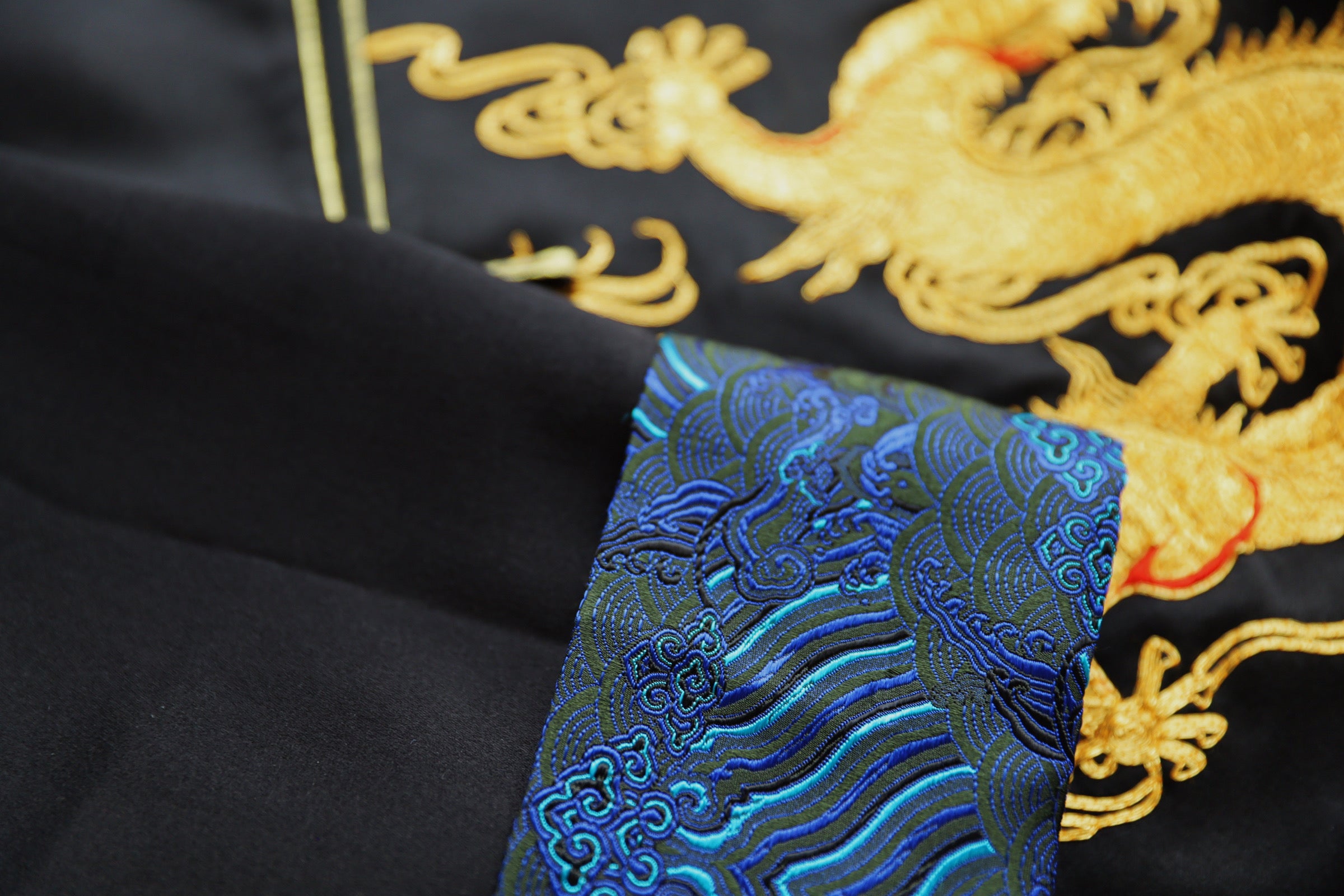 Jinza Oriental Couture Tang Suit Tang Suit for Groom | Black Silk with Gold Dragon Embroidery