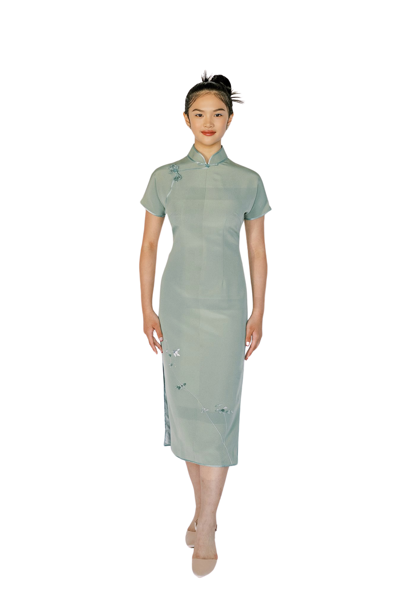 Jinza Oriental Couture Traditional Cheongsam Traditional Cheongsam | Green Japanese Narcissus Silk Qipao Dress