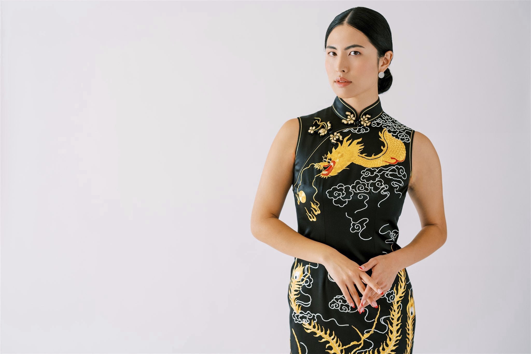Jinza Oriental Couture Wedding Qipao Wedding Qipao | Black Silk with Hand-Embroidered Panjin Dragon and Phoenix