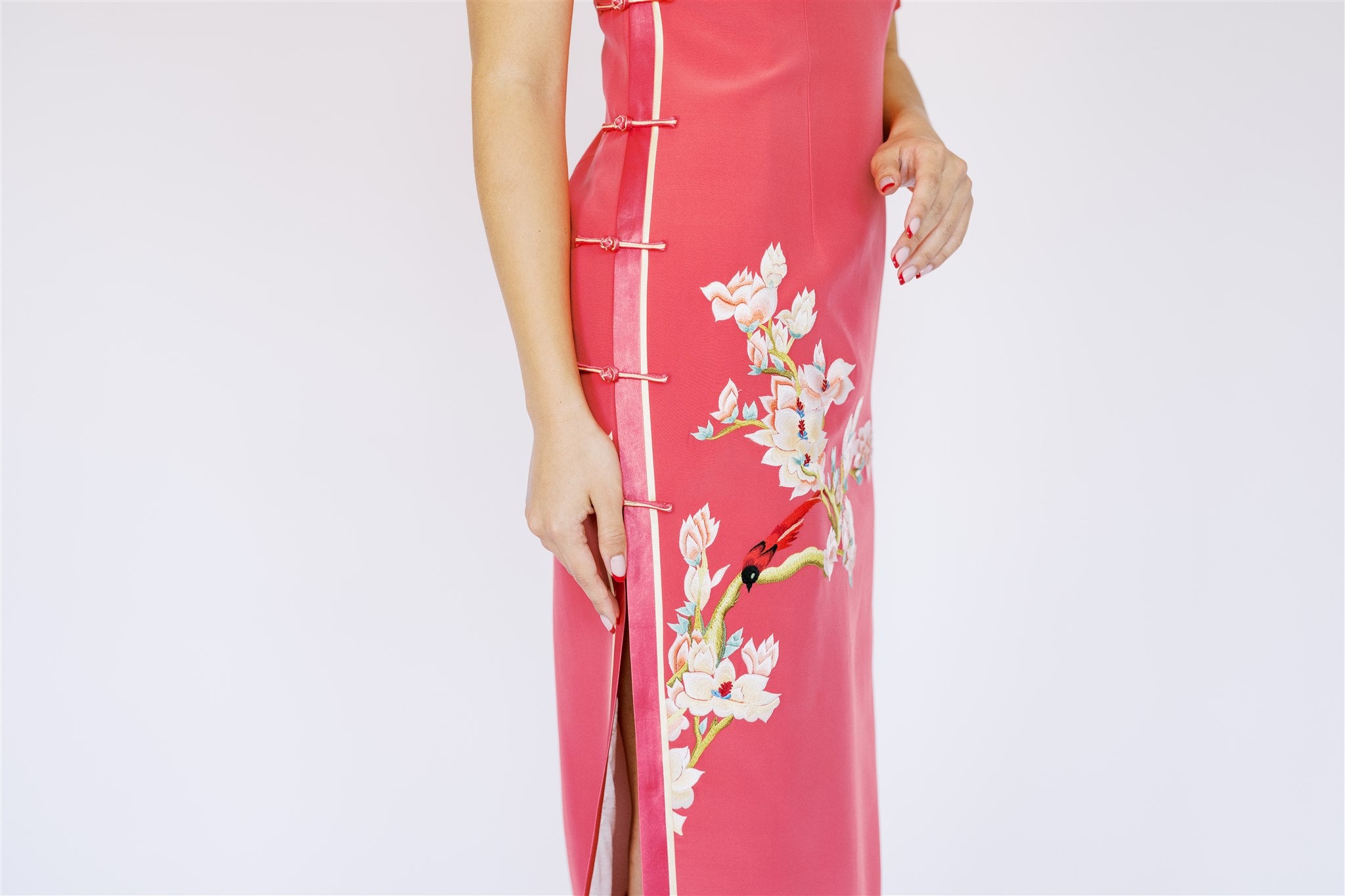 Jinza Oriental Couture Wedding Qipao Wedding Qipao | Grain Rain Pink Silk with Cherry Blossoms and Magnolia
