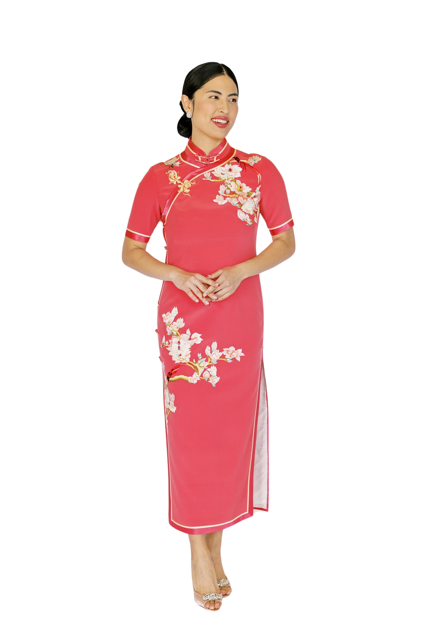 Jinza Oriental Couture Wedding Qipao Wedding Qipao | Grain Rain Pink Silk with Cherry Blossoms and Magnolia