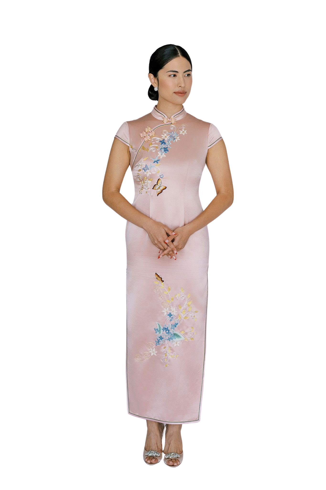 Jinza Oriental Couture Wedding Qipao Wedding Qipao | Spring Equinox pink Mid Calf Length and Cap Sleeves