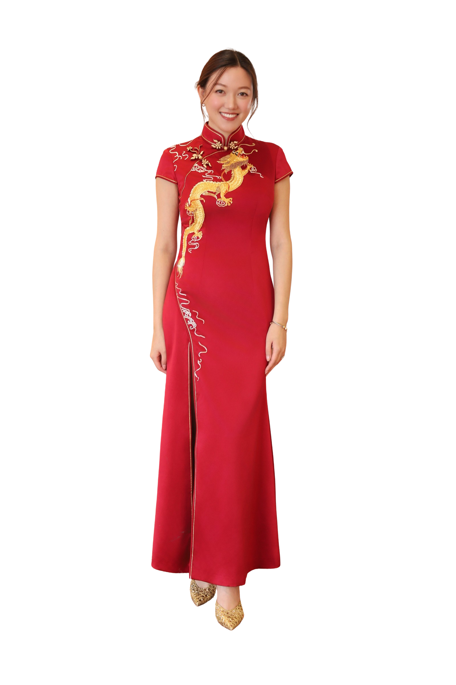 Jinza Oriental Couture Wine Red Silk Mermaid Chinese Wedding Dress with Cape Sleeves and Hand Embroidered Dragon