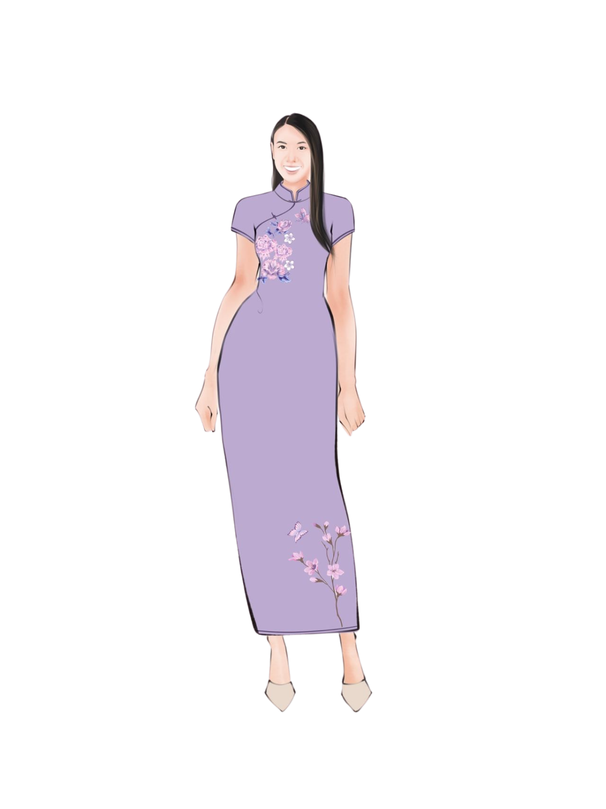 Sketch of lavender purple silk Qipao with pink peony and lavender embroidery.