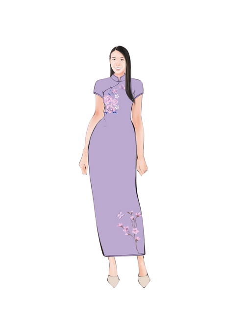 Sketch of lavender purple silk Qipao with pink peony and lavender embroidery.