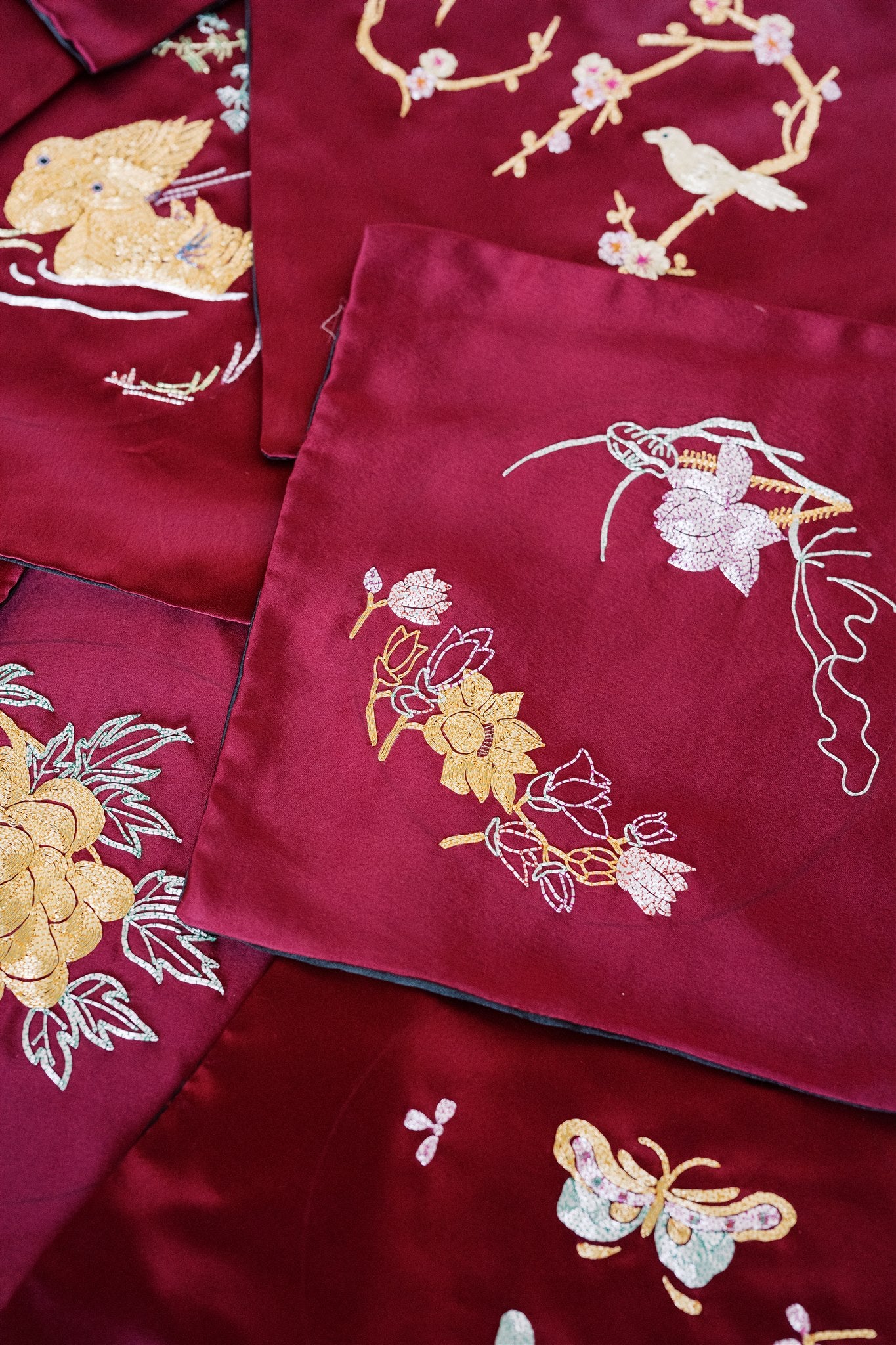 Lotus embroidery on wine red pocket square for Groom