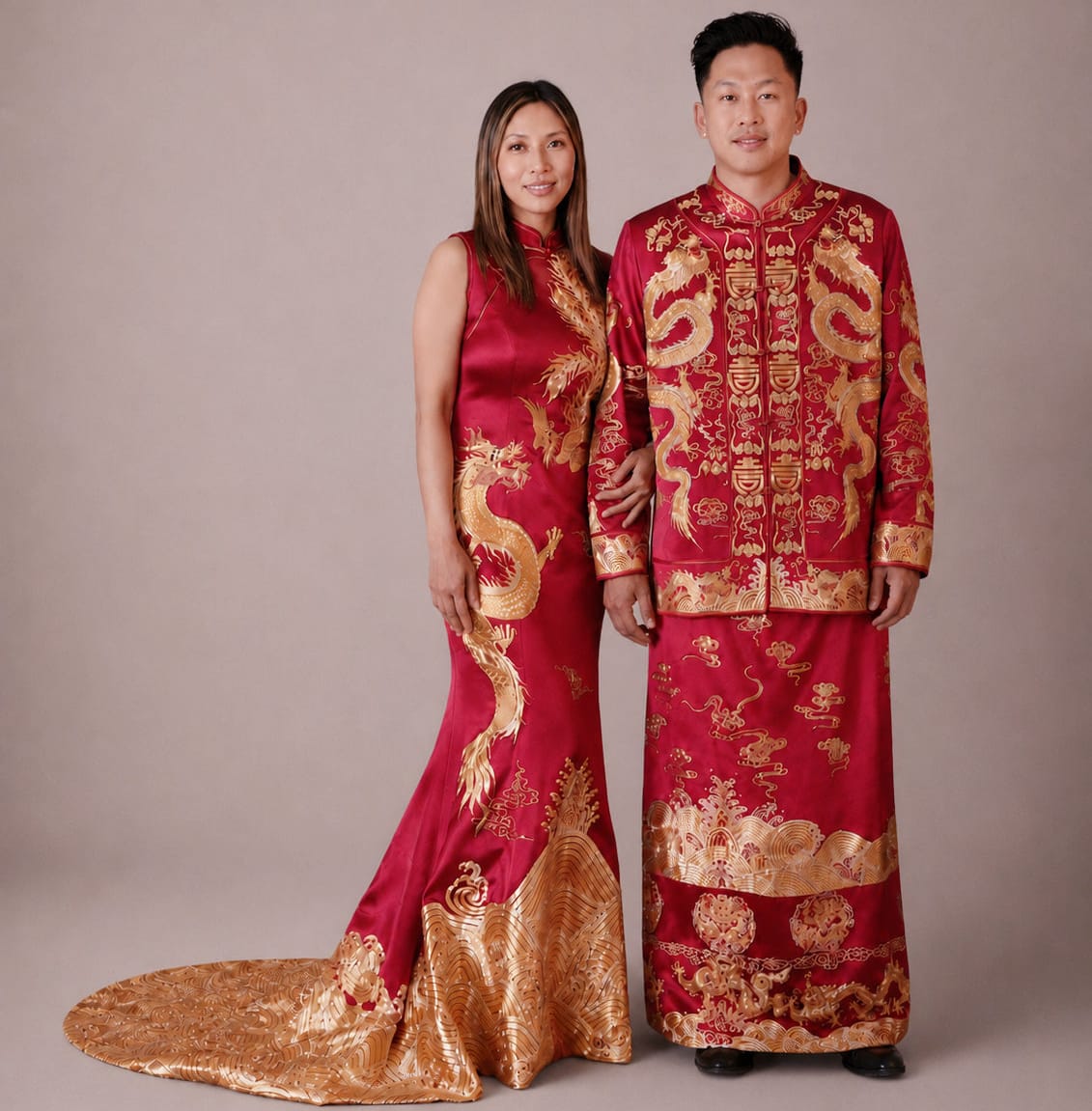 Matching bespoke tang suit and qipao in red silk with gold dragon hand embroidery for Chinese wedding couple, custom made to measure at JINZA Los Angeles