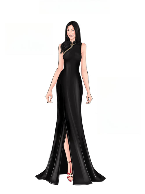 Sketch of modern black silk crepe Cheongsam with Indian embroidery and front slit.
