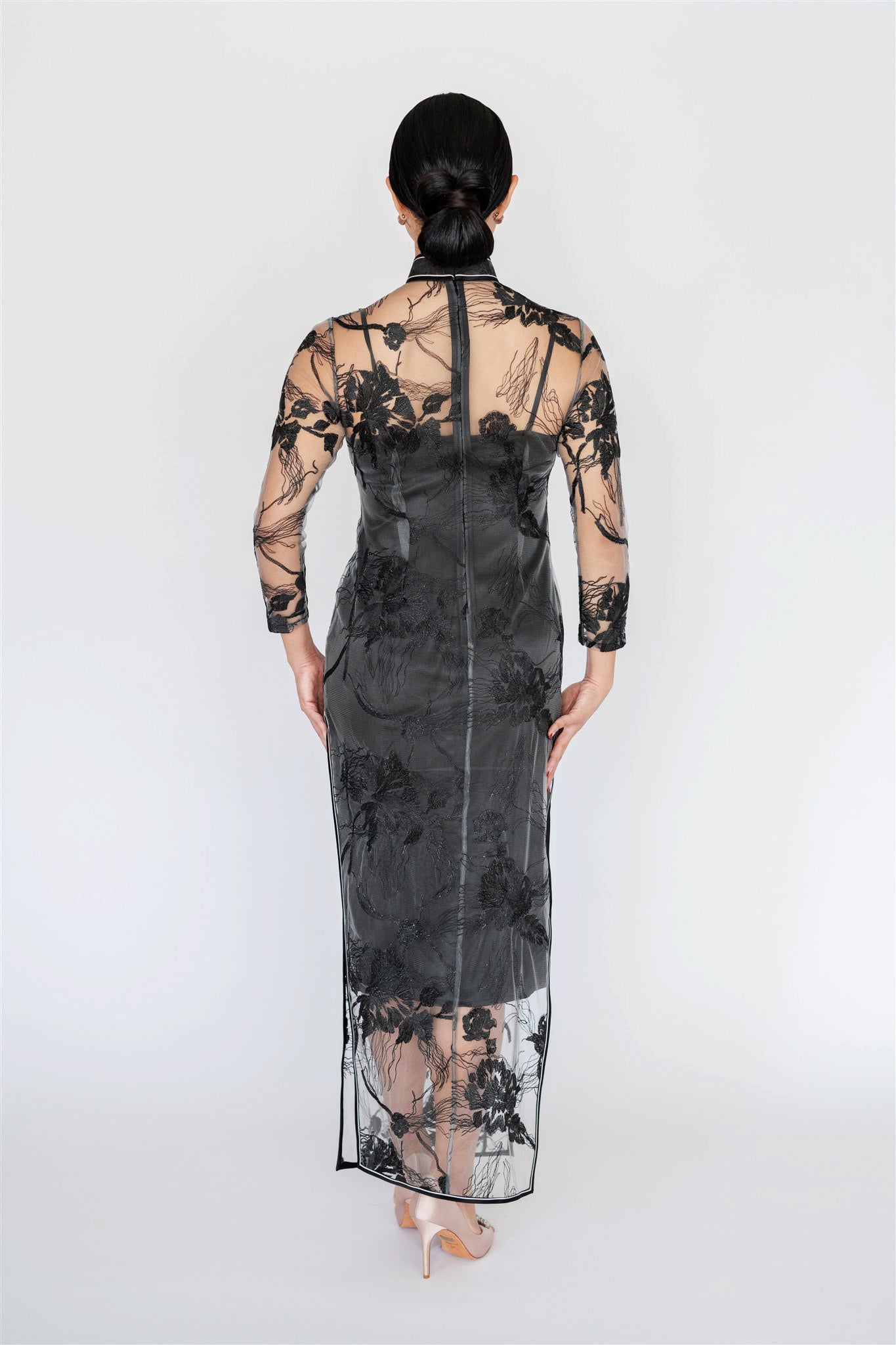 Ankle-length cheongsam dress with silk slip, back view