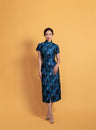 Front view of a A-line cotton Cheongsam dress in navy blue, it is a refined and comfortable Chinese dress with silk lining. 