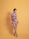 Modern pink floral short Cheongsam dress, an elegant Chinese cheongsam dress with a stylish silhouette.