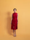 Front view of a modern wine red silk organza A-line Cheongsam dress, an elegant Chinese dress with a modern silhouette. 