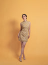 Front view of a modern sleeveless short Cheongsam dress, a stylish cotton Chinese dress with Japanese floral patterns.