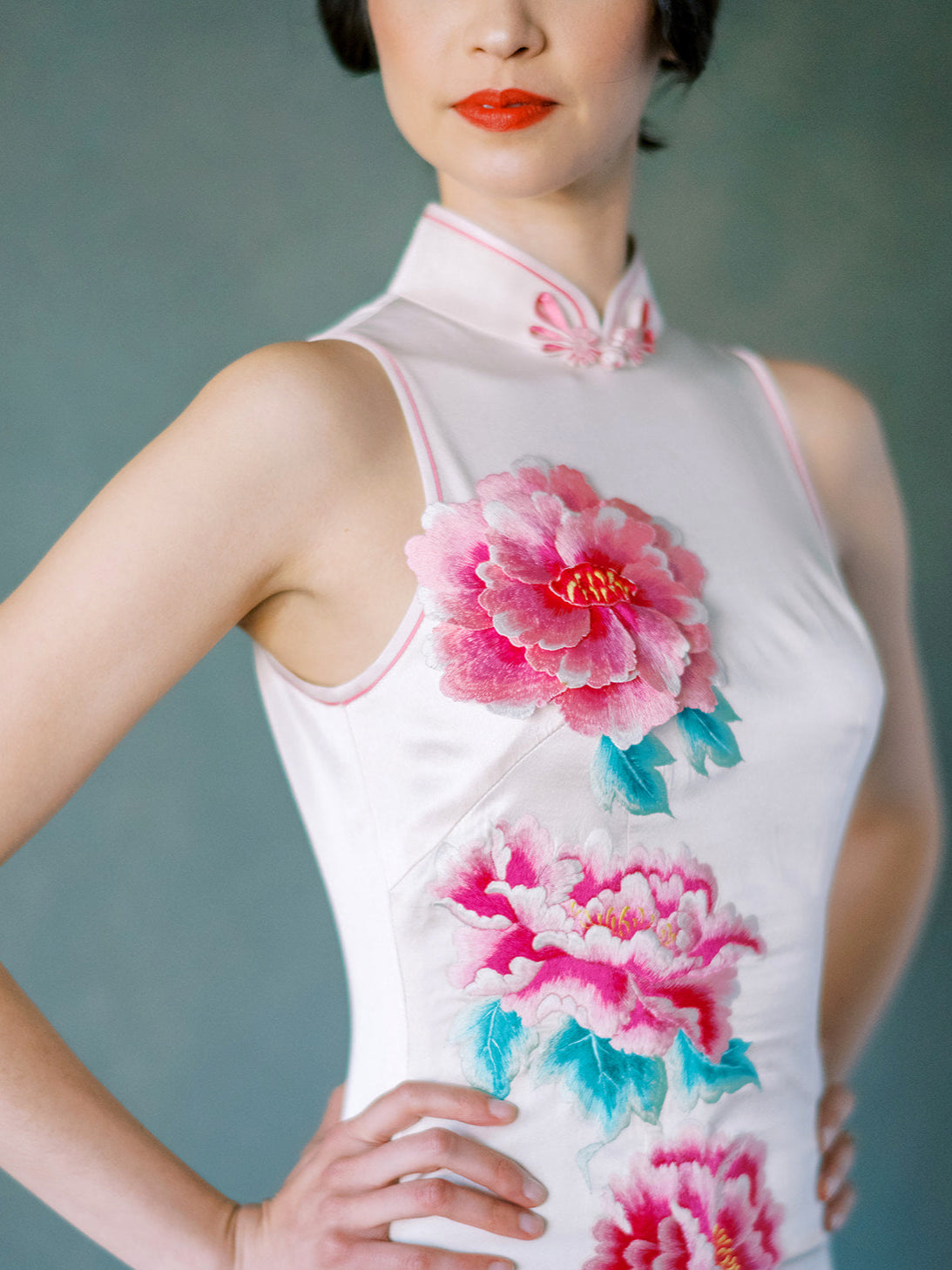 Modern Cheongsam dress with 3-D peony embroidery on white silk