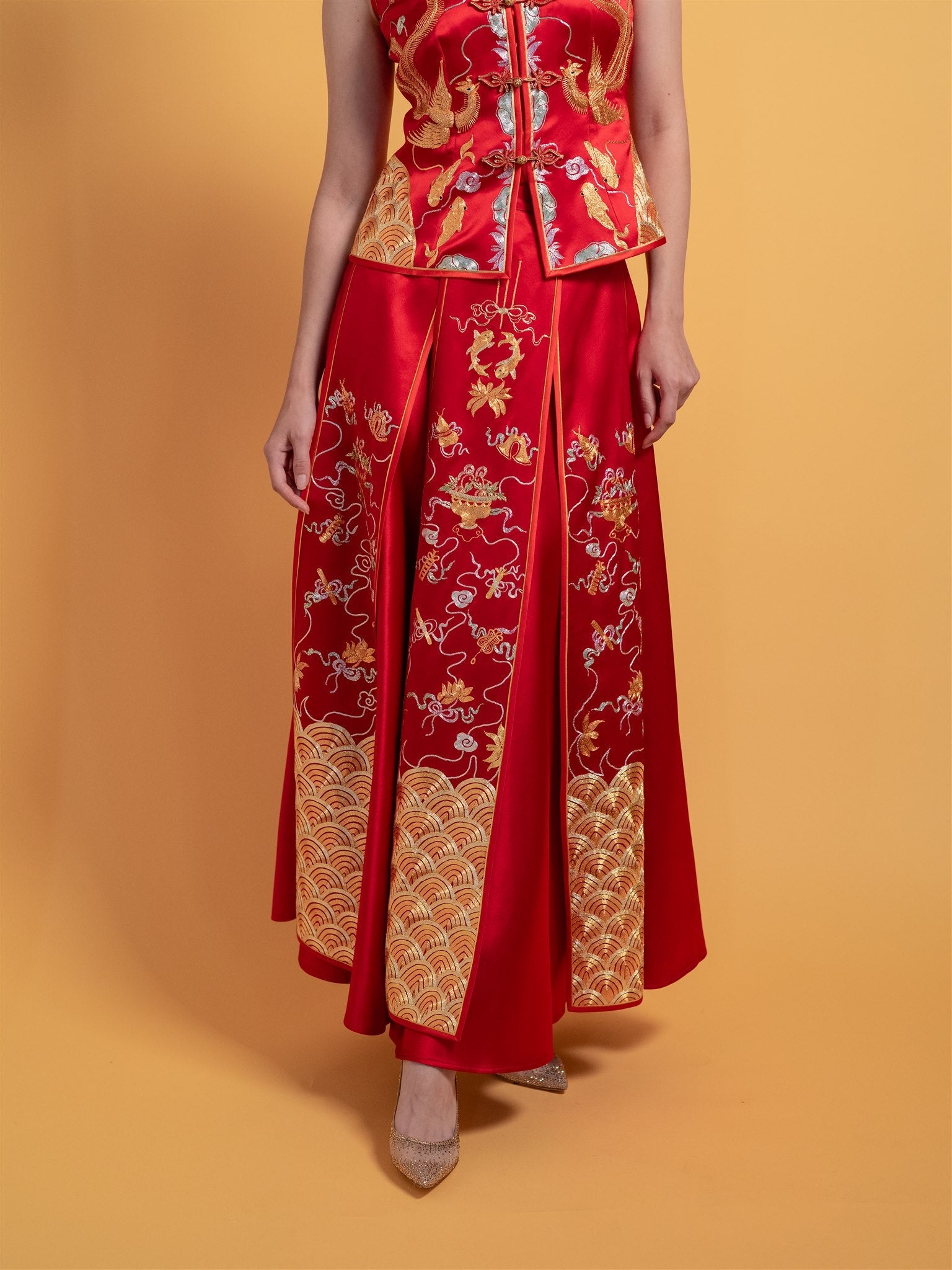 Close-up of the golden embroidery on a 8-panel A-line skirt, Xiu He Fu Chinese wedding dress.