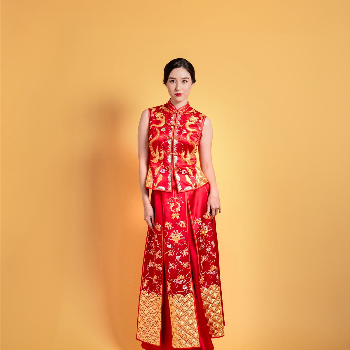 Modern Red Silk Chinese Wedding Dress with Phoenix & Dragon Hand Embroidery