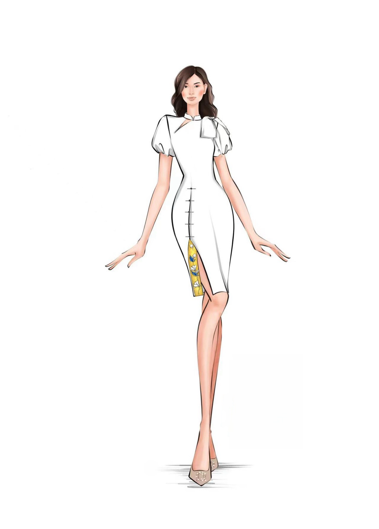 Sketch of modern white silk Qipao with bow on shoulder and puffy sleeves.