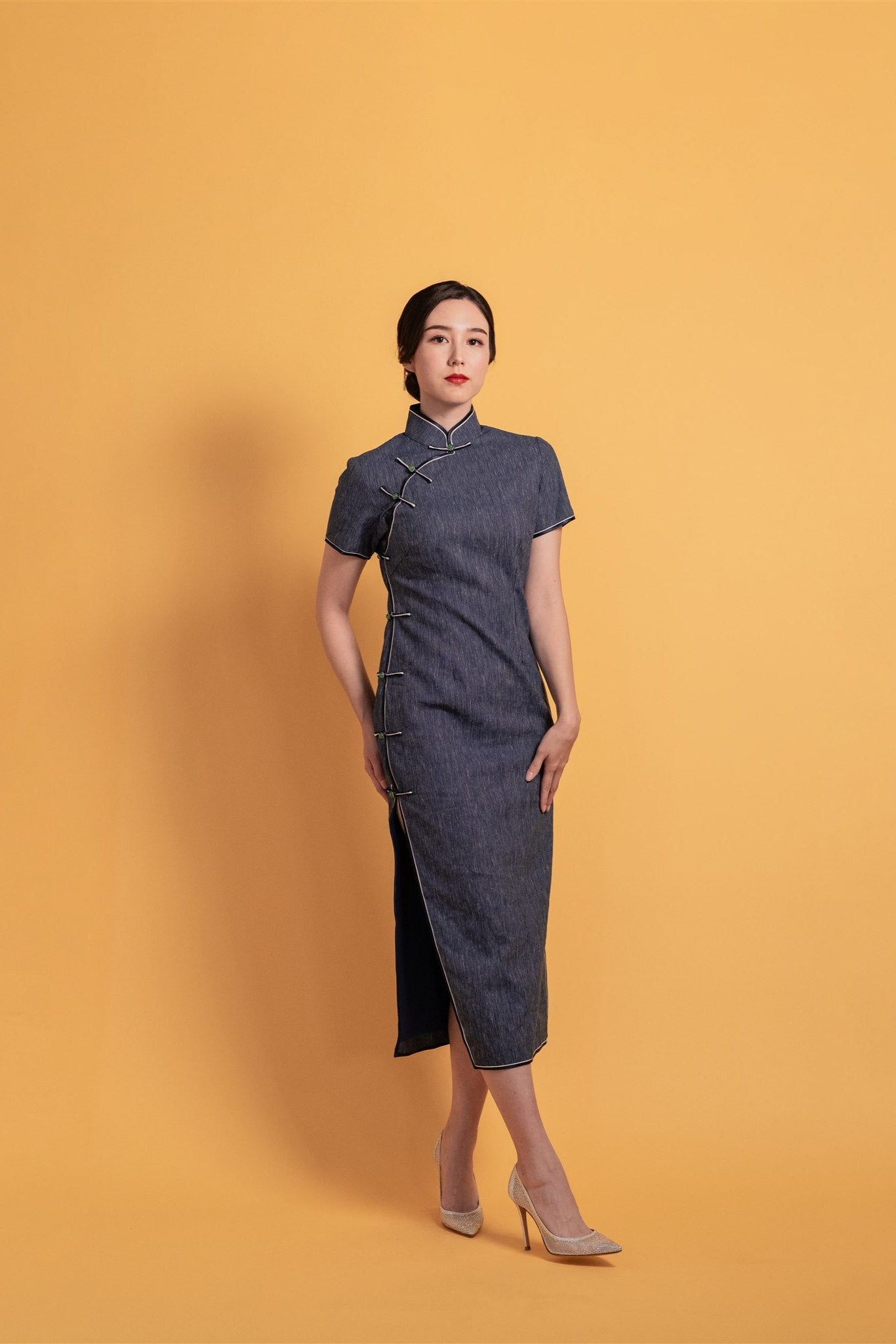 Navy blue Japanese cotton cheongsam with short sleeves, front view