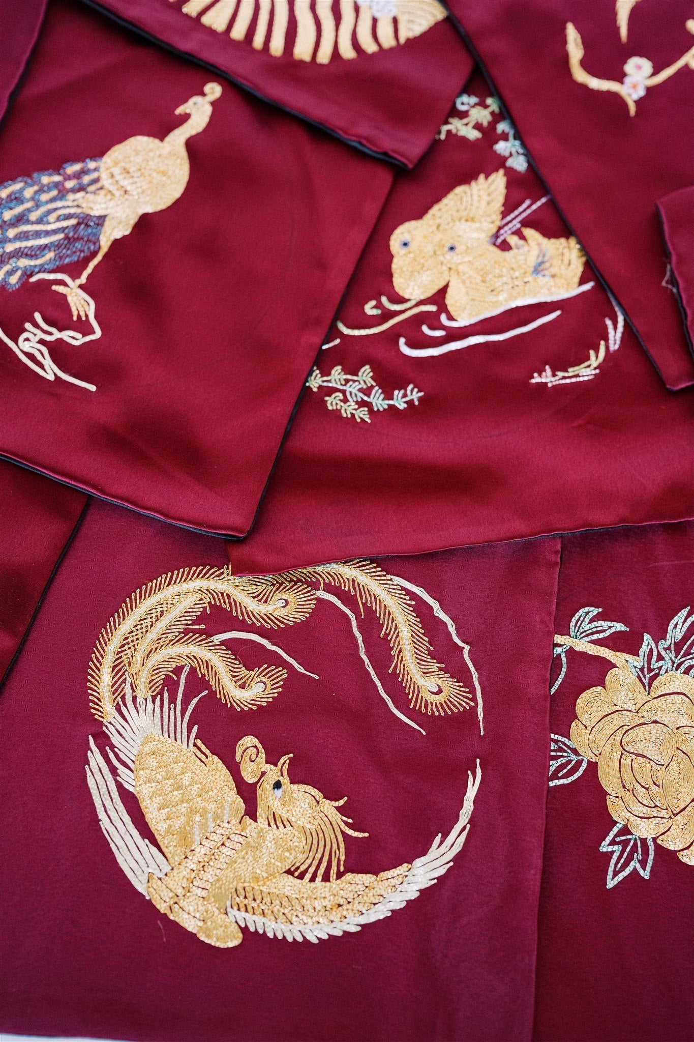 Gold peacock and phoenix embroidery on wine red pocket square for groom