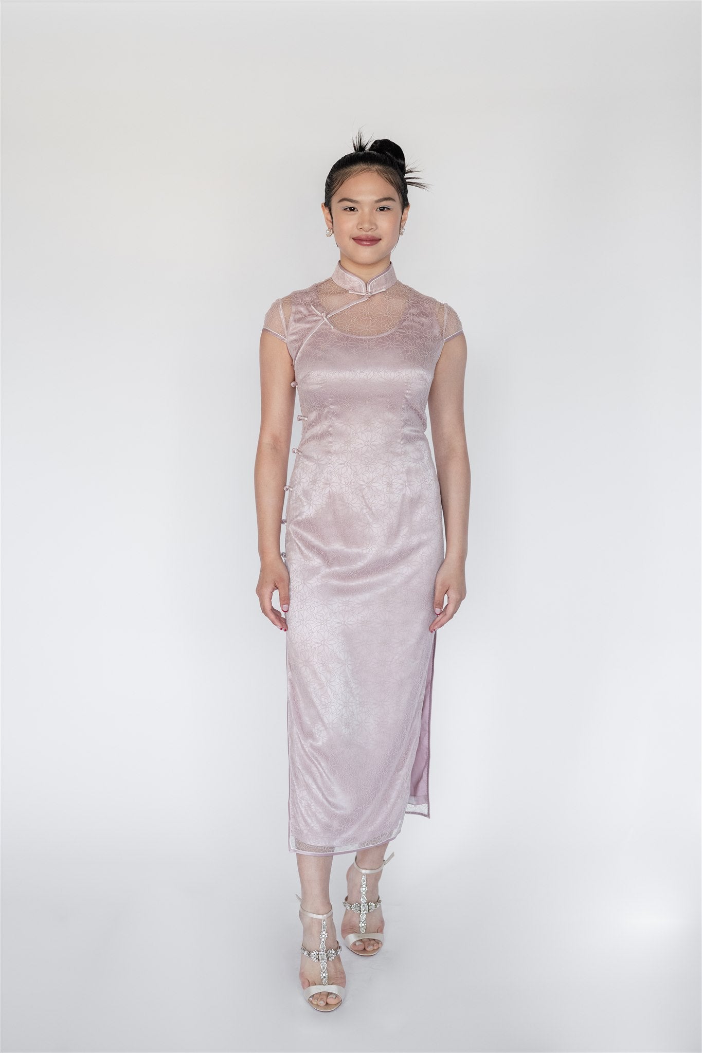 Pink lace modern cheongsam dress with silk slip and cap sleeves
