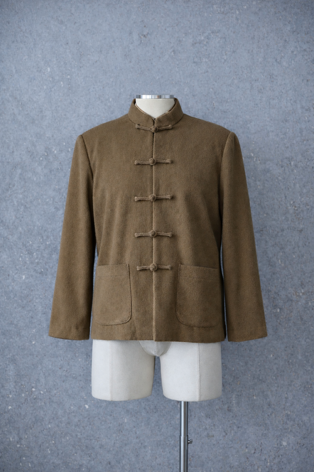 Premium Italian wool modern Tang suit with tailored silhouette and frog closure. 