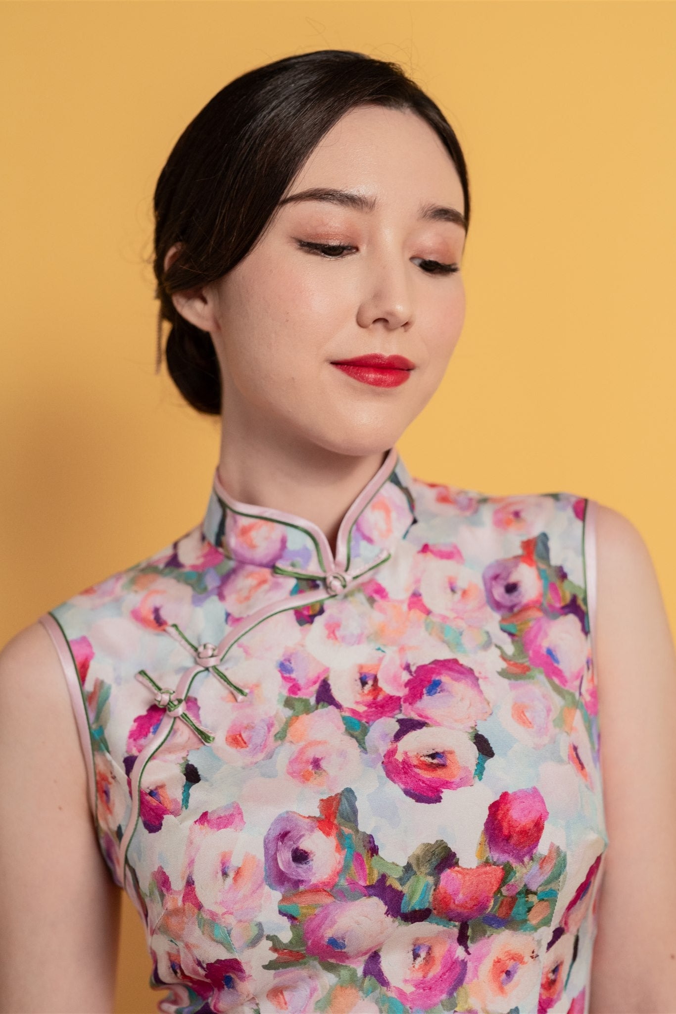 Detail of printed stretch silk fabric on Cheongsam.