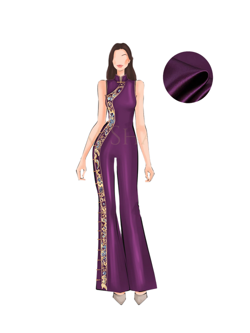 Sketch of purple silk Cheongsam jumpsuit with family crest embroidery.