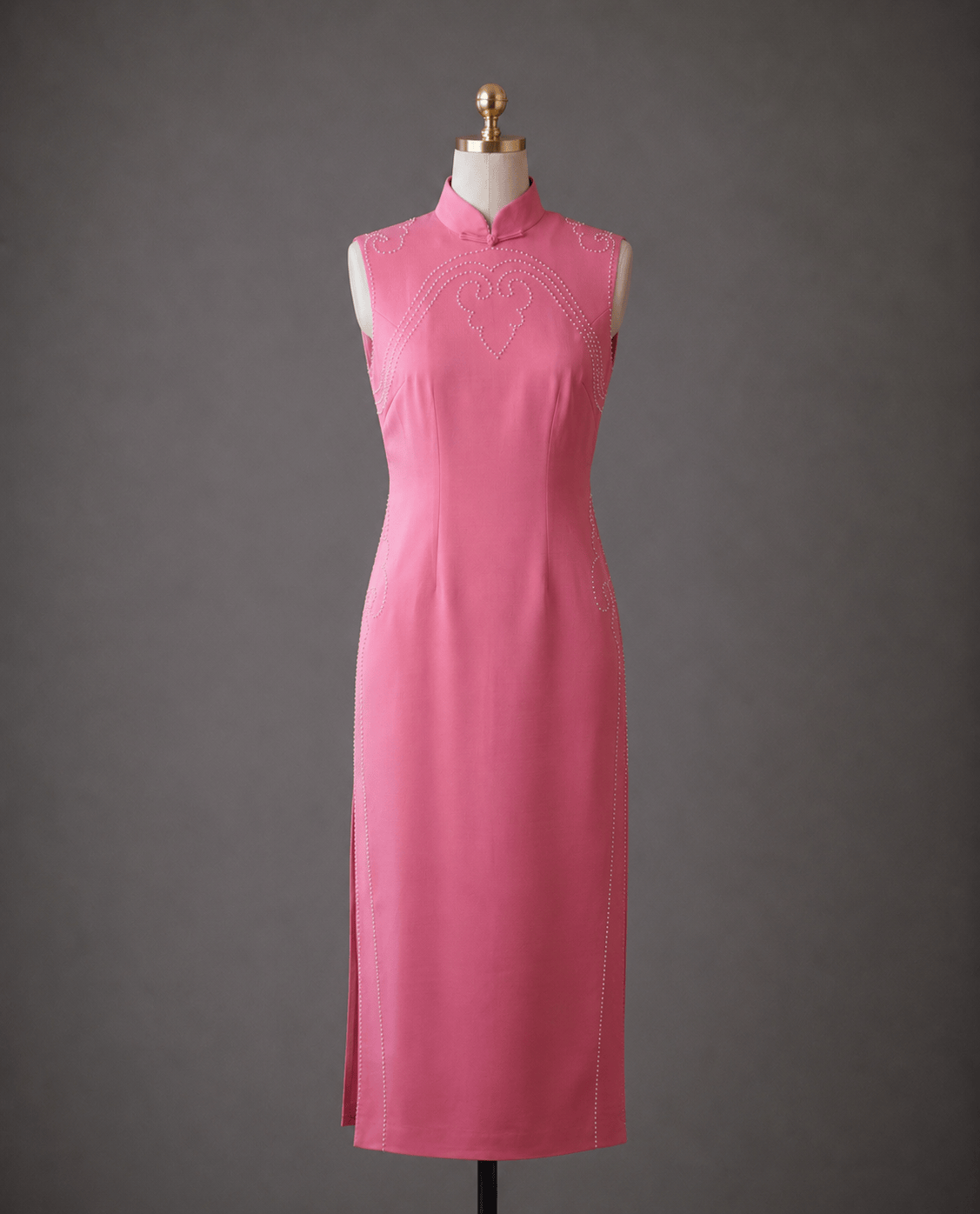 Ready to wear baby pink silk crepe fitted Qipao with hand sewn pearl heart motif and side slit — sleeveless wedding Qipao by JINZA Oriental Couture, Los Angeles