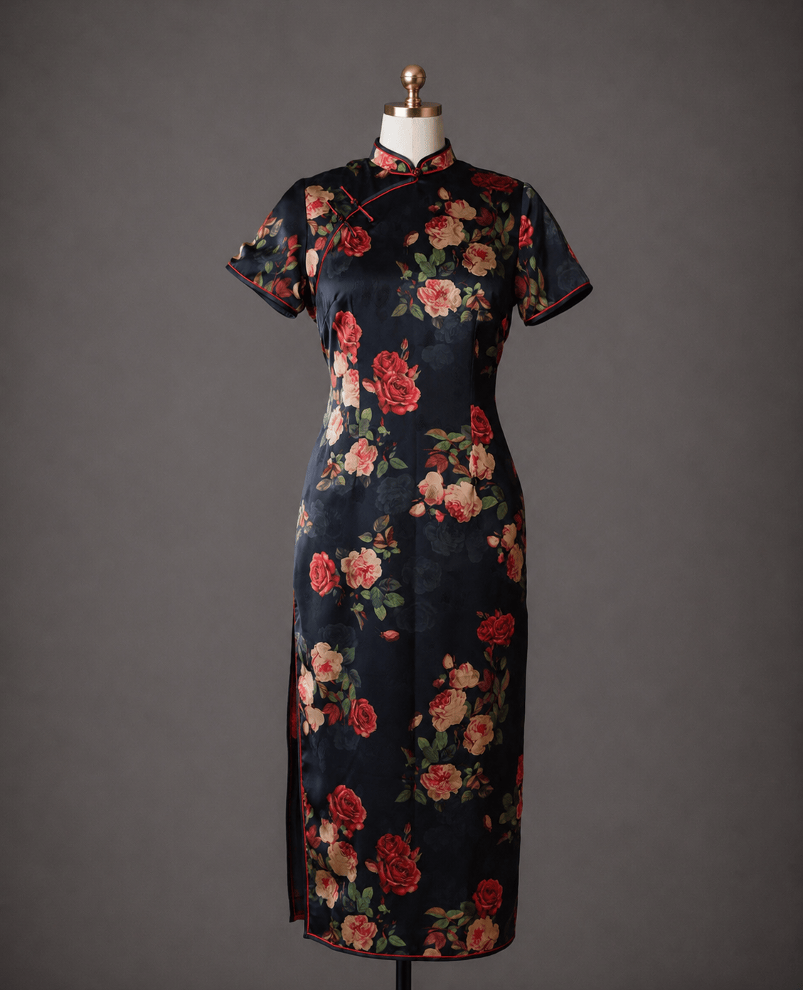 Ready to wear black mulberry silk Qipao with red and blush rose print and red piping — fitted cap sleeve Shanghai 1920s style Cheongsam by JINZA Oriental Couture, Los Angeles