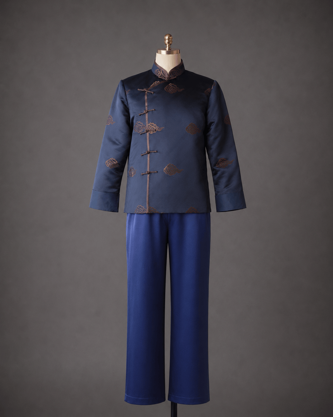 Ready to wear navy charcoal silk brocade Tang suit with woven lucky cloud pattern and Pankou closures — complete set with navy trousers by JINZA Oriental Couture, Los Angeles