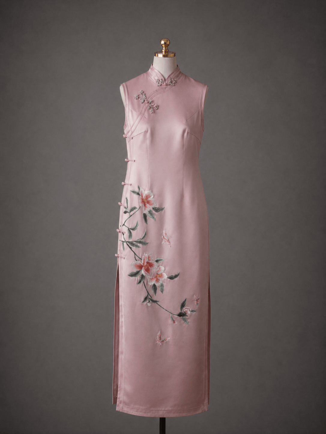 Ready-to-wear red silk sleeveless Qipao with gold phoenix feather hand embroidery, mandarin collar, available at JINZA Los Angeles
