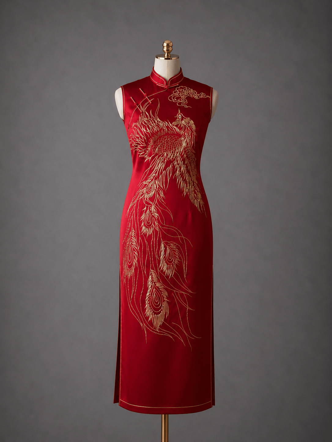 Ready-to-wear red silk sleeveless Qipao with gold phoenix feather hand embroidery, mandarin collar, available at JINZA Los Angeles
