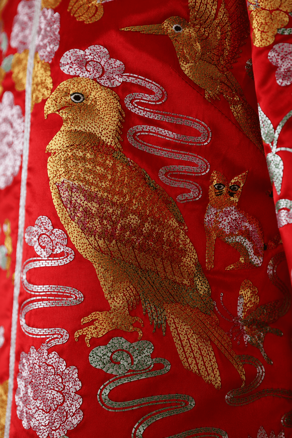 Hand embroidered eagle and cat detail on a ready to wear red silk Qun Kwa with multicultural embroidery — JINZA Oriental Couture, Los Angeles