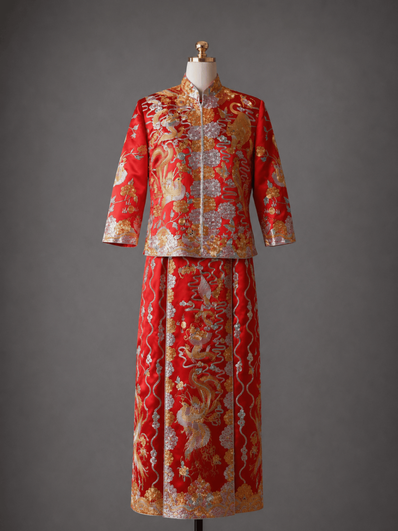 Ready-to-wear red silk Qun Kwa Chinese wedding dress with multicultural hand embroidery featuring cheetah, eagle, cactus, peonies and cats, JINZA Los Angeles
