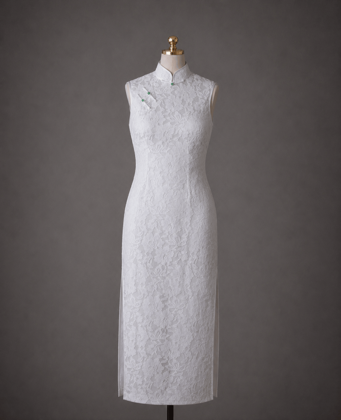 Ready to wear white French Chantilly lace sleeveless Qipao with jade Pankou closures and silk lining — minimalist wedding Qipao by JINZA Oriental Couture, Los Angeles