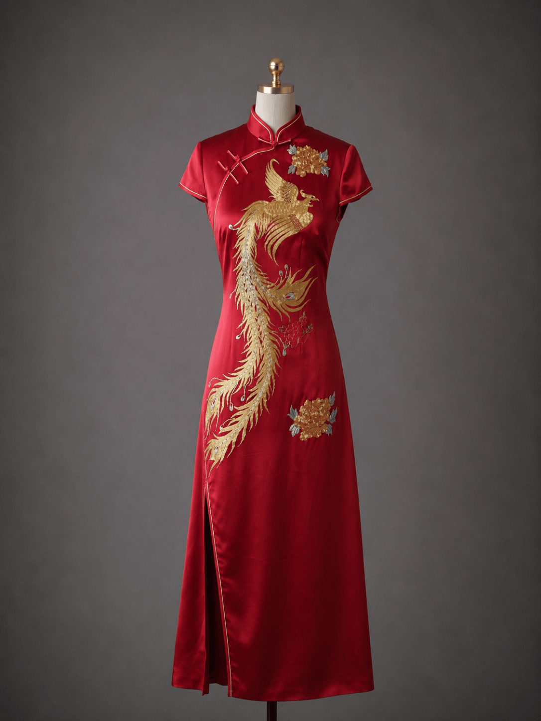 Ready to wear wine red silk A-line Qipao with front slit and hand embroidered gold phoenix and peonies in Panjin technique — cap sleeve wedding Qipao by JINZA Oriental Couture, Los Angeles