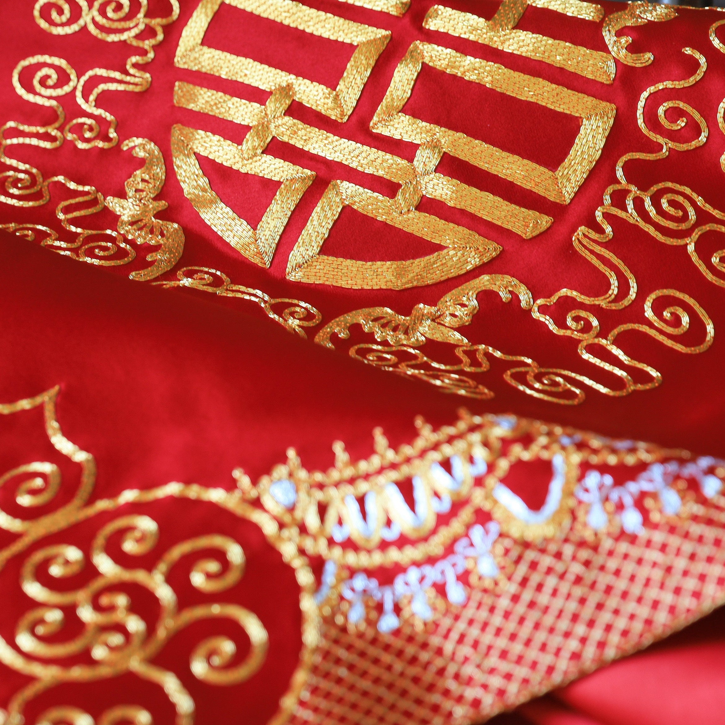 Red Chinese Wedding Veil  with gold cloud and double happiness sign