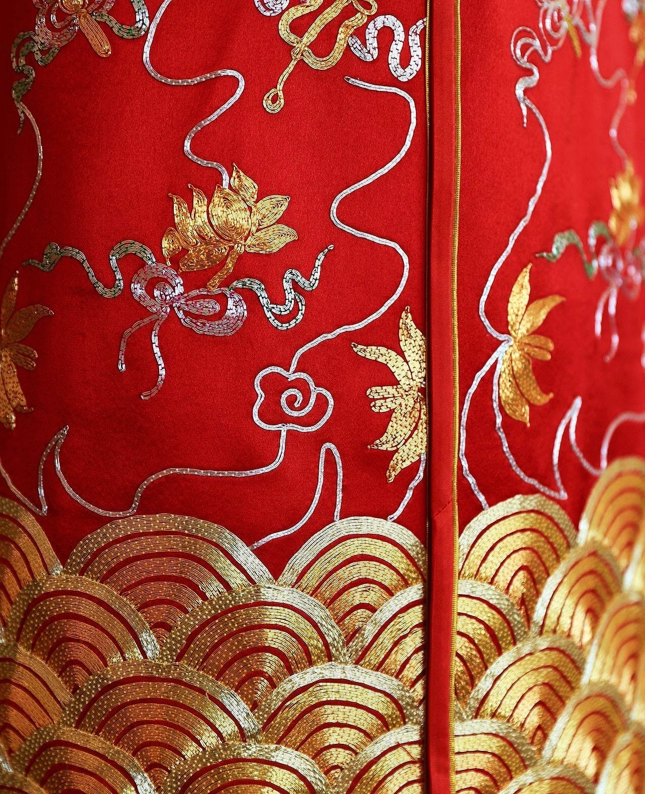 Red Chinese wedding veil with gold lotus and cloud embroidery