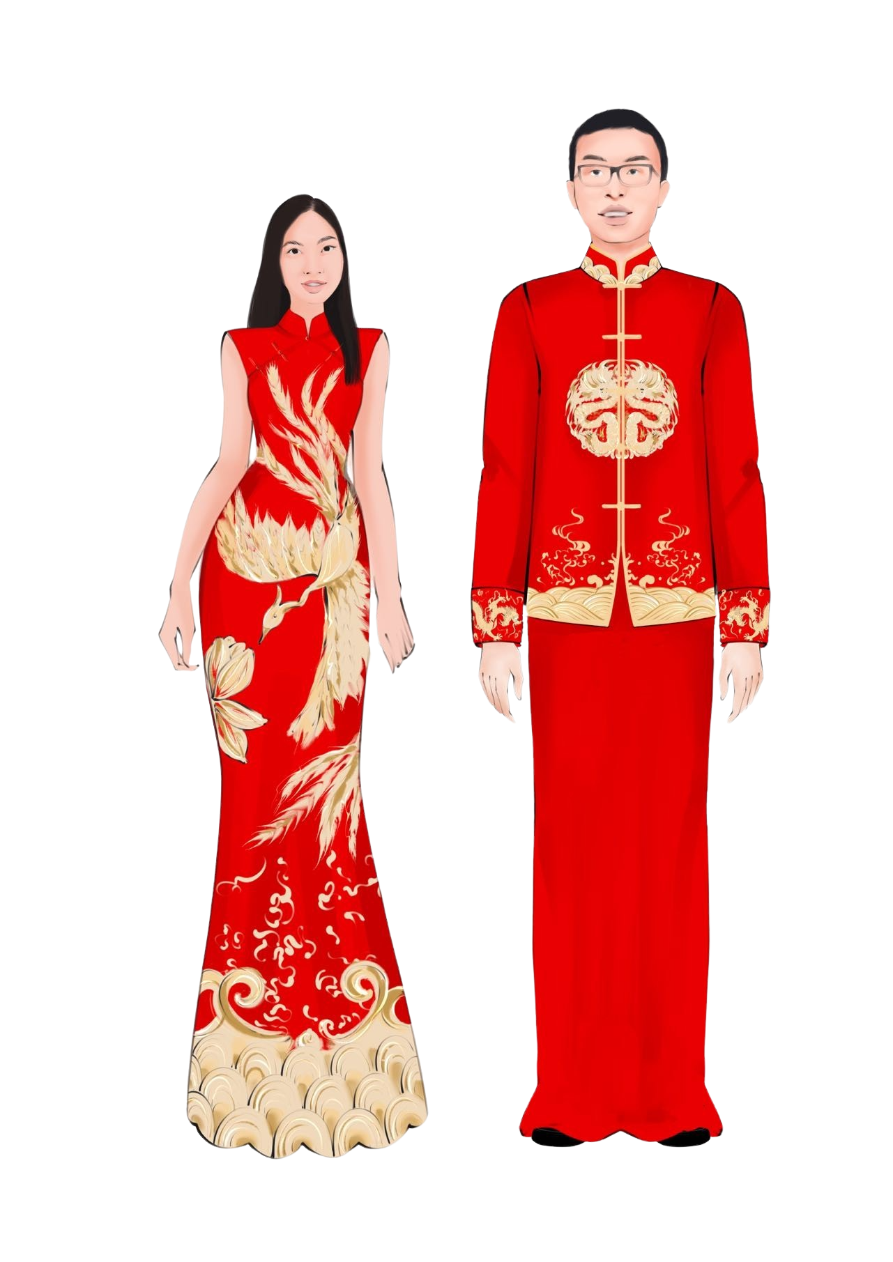 Matching red Chinese wedding outfit for bride and groom