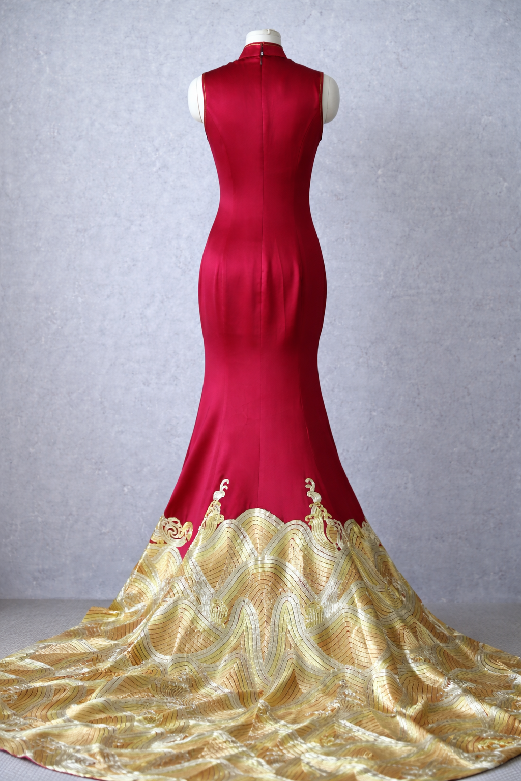 Back view of red silk mermaid Qipao with fully hand-embroidered lucky sea-wave train.