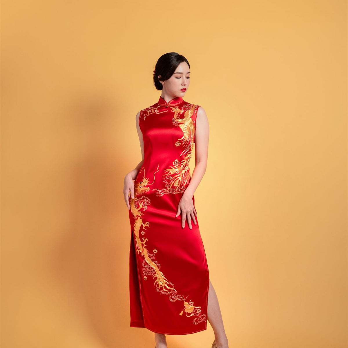 Red Silk Goldwork II Chinese Wedding Dress with Dragon & Phoenix Red Silk Goldwork II Chinese Wedding Dress with Dragon & Phoenix