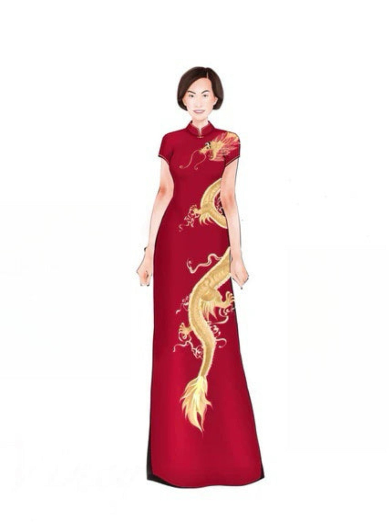 Red silk wedding Qipao with full-body gold dragon embroidery, front view.