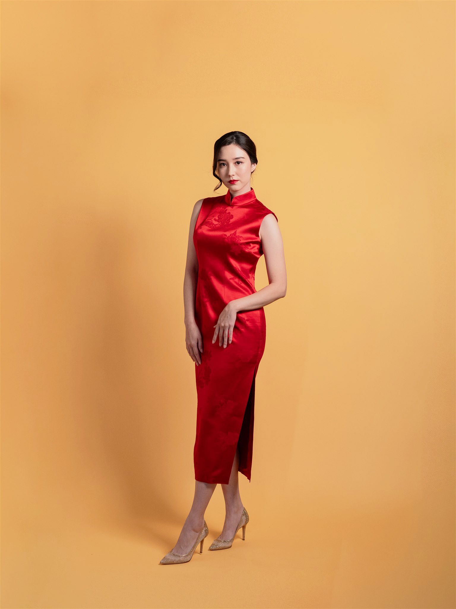 Red sleeveless silk wedding Qipao with butterfly and peony print, full body front view by JINZA Oriental Couture Los Angeles