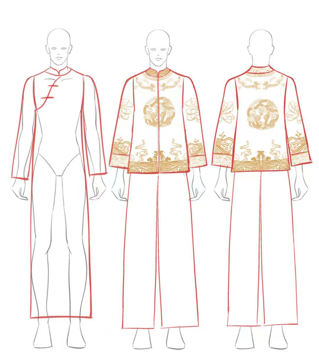 Red tang suit for groom with gold dragon, cloud and peonies embroidery