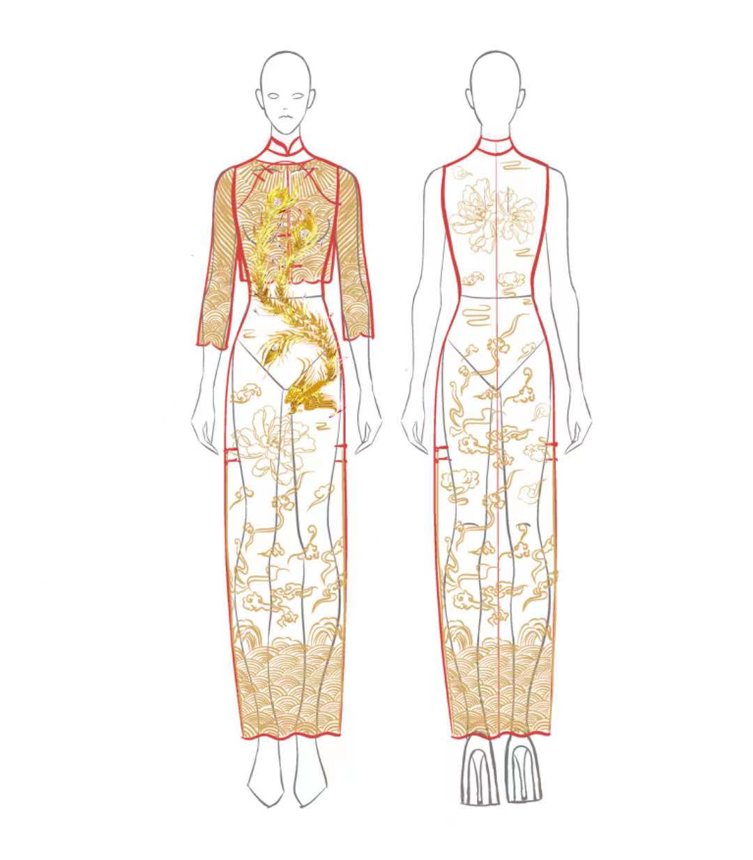 Two-piece Chinese wedding qipao with gold jacket