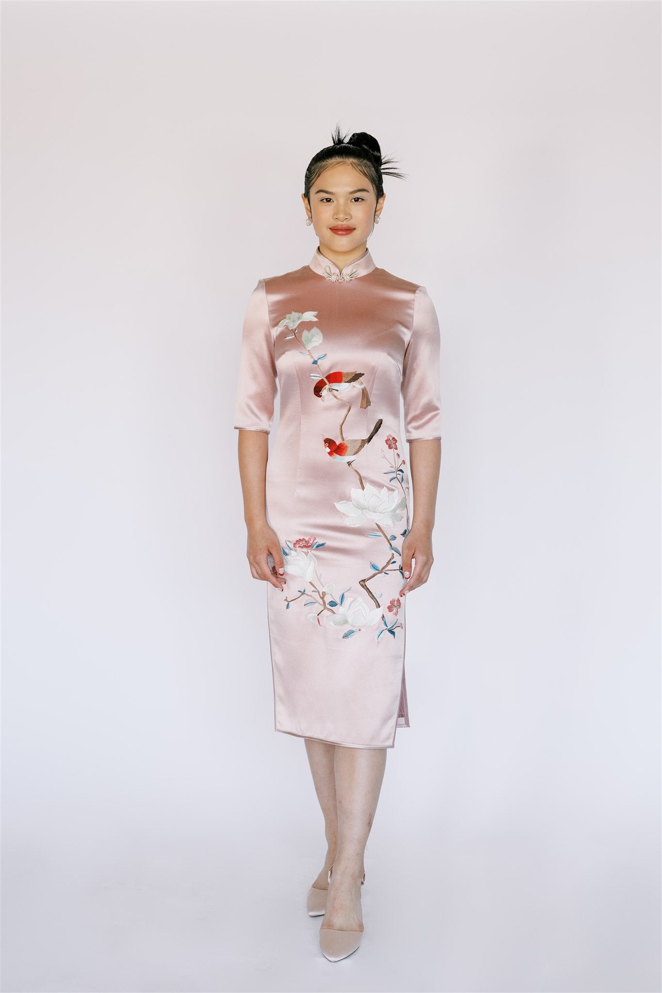 Pink silk Qipao dress with magnolia and sparrow embroidery, inspired by 1920s Shanghai, designed by JINZA Couture