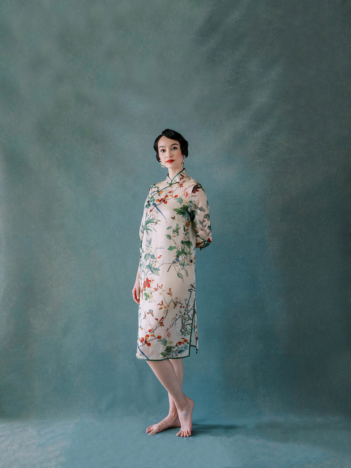 Shanghai Garden floral silk Qipao with bamboo and birds embroidery – front view