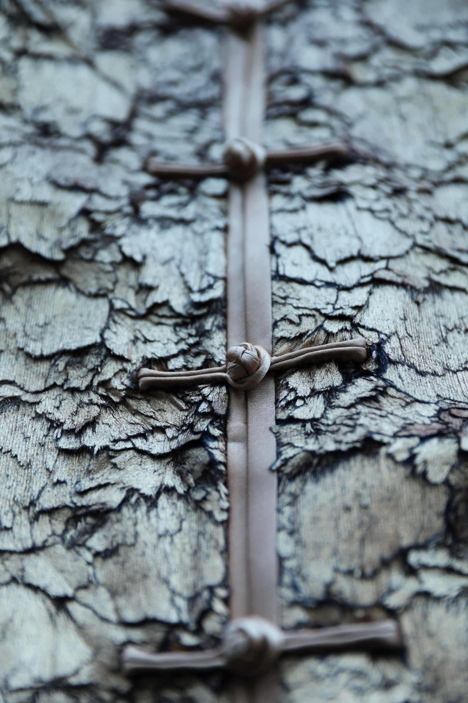 Hand-finished frog closures on Italian leaf-texture gold silk Tang suit.