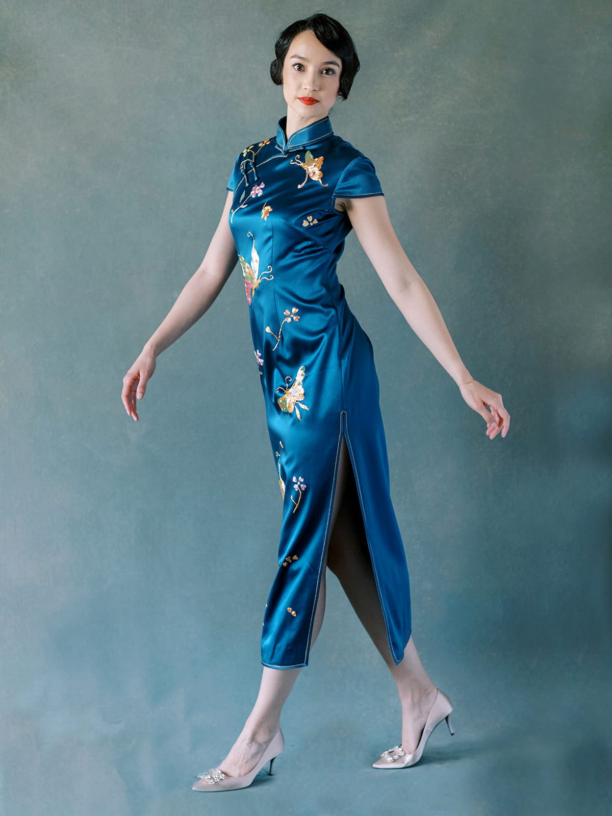 Teal Blue Silk Qipao with Peony & Butterfly Embroidery